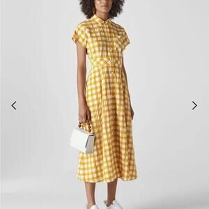 WHISTLES Illana Checkered Mustard & Cream Maxi Shirt Dress US 8